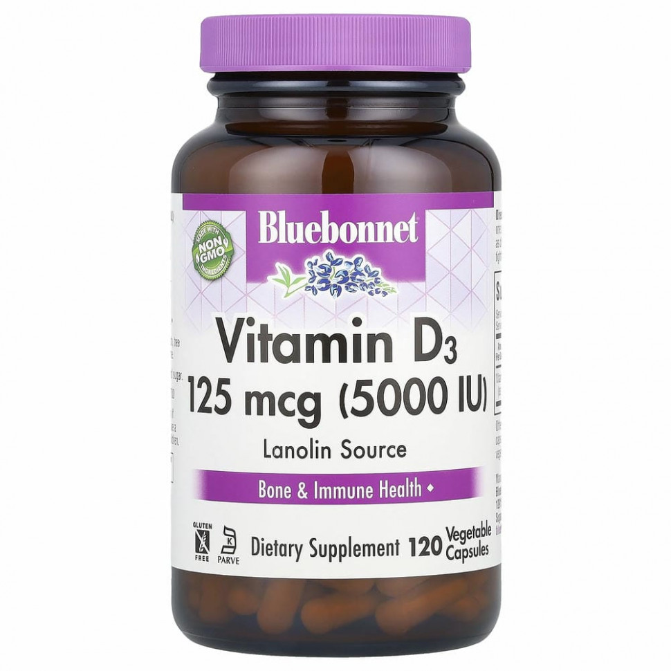 Bluebonnet Nutrition, Витамин D3, 5000 МЕ, 120 растительных капсул - BLB-00369-1000 МЕ | 100 шт.