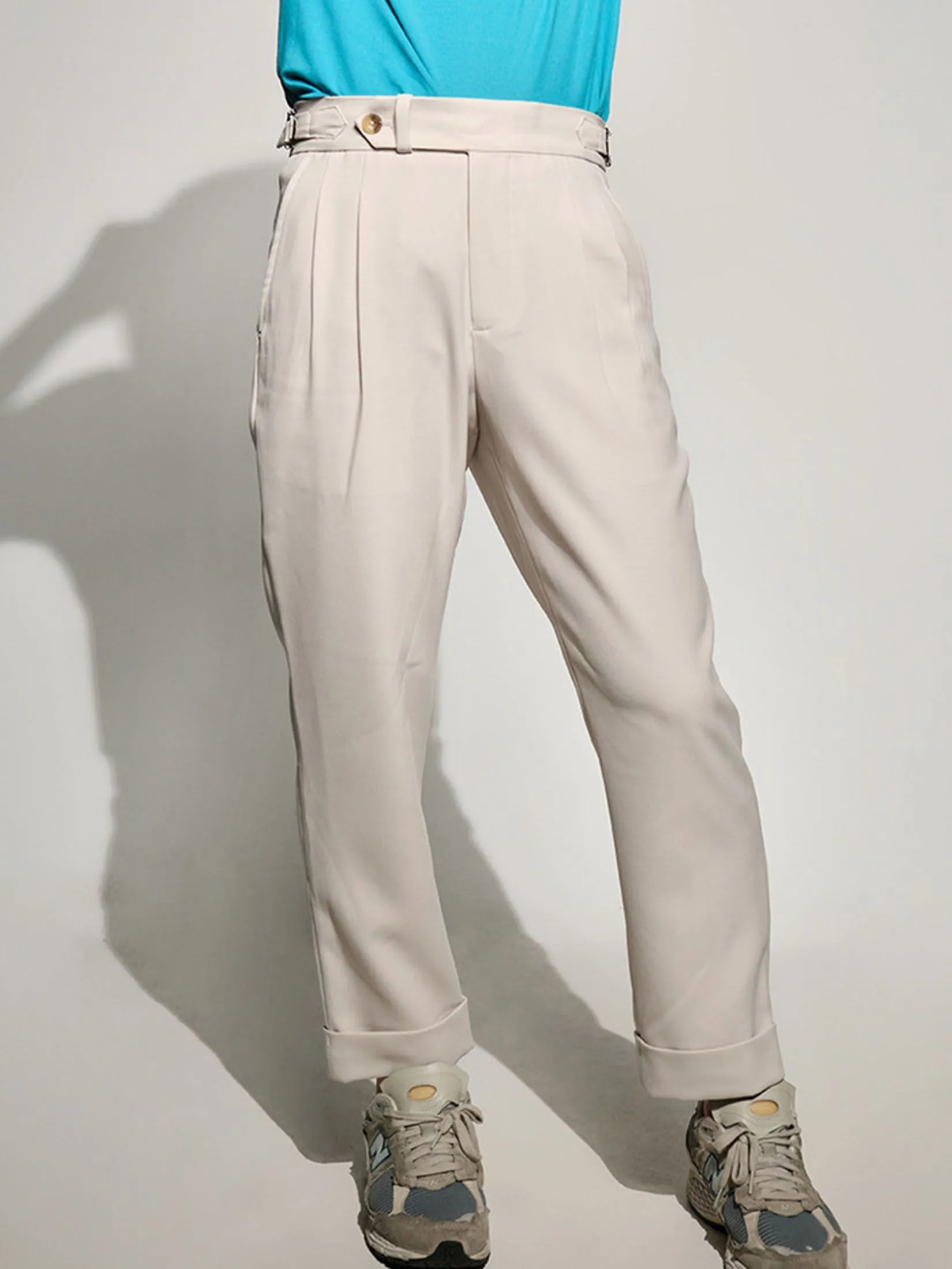 ERA-WON Men's Double belts trousers skinny crop fit Beige