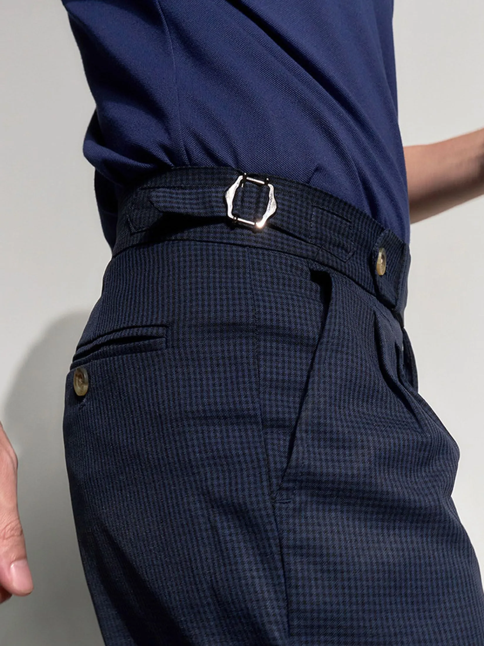 ERA-WON Men's Double belts trousers skinny crop fit Navy Blue