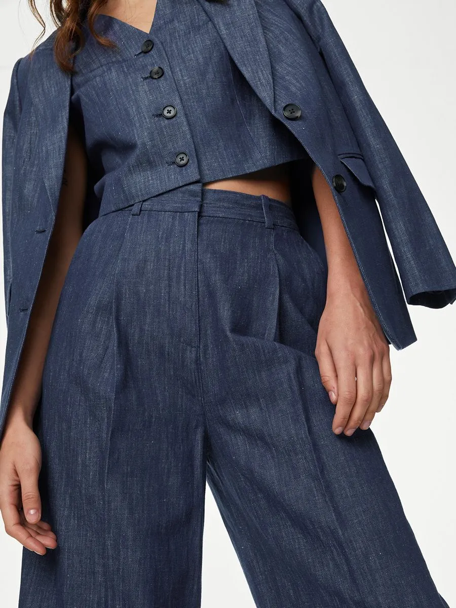 MARKS & SPENCER Women Trousers Wide Leg Pleat Front Cotton Rich Blue Mix