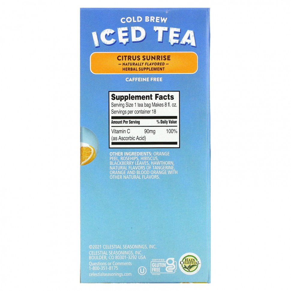 Celestial Seasonings, Холодный чай со льдом, Citrus Sunrise, без кофеина, 18 чайных пакетиков, 35 г (1,2 унции)