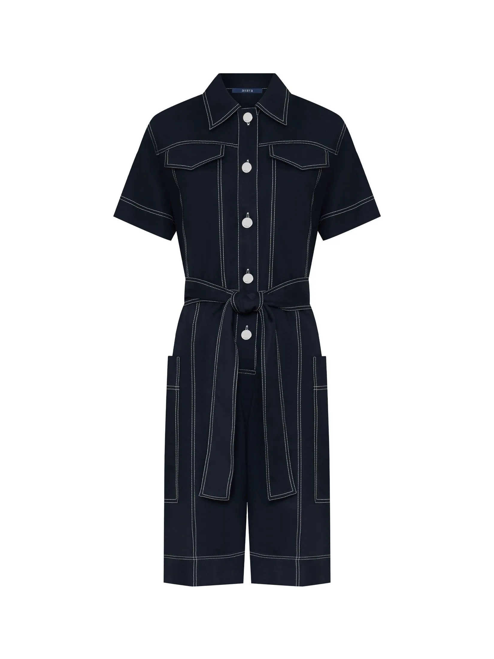 ASAVA ( SS25) Zena Women Short Sleeve Playsuit Navy Blue