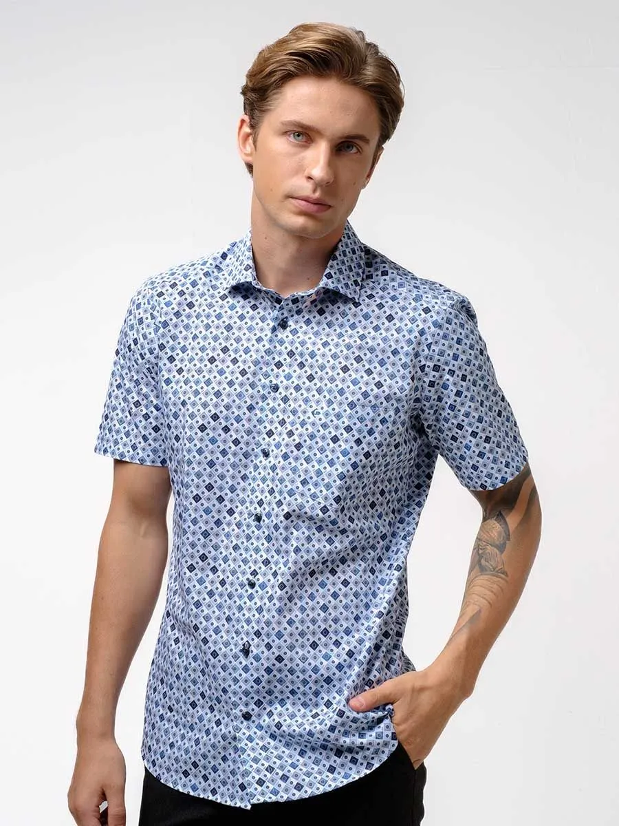 OLYMP MEN SHIRT  SHORT SLEEVES   MODERN FIT BLUE GRAPHIC PATTERN