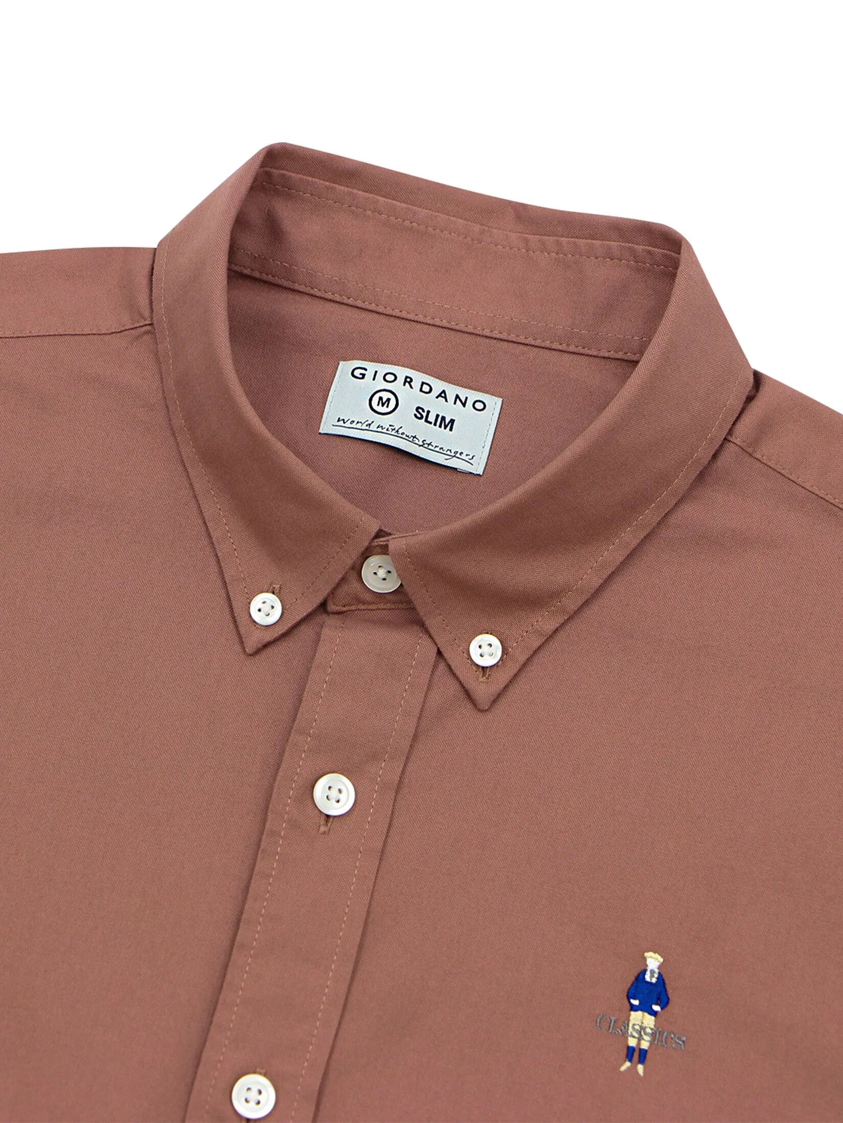 GIORDANO Men's Slim Embroidery Stretch Oxford Shirts (Classic Man) Brown