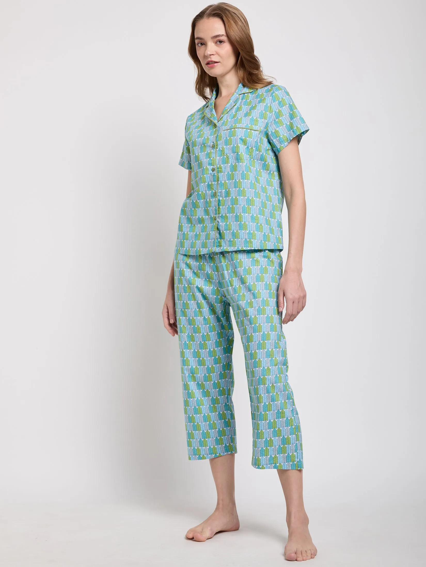 CLAUDIA'S ROMANCE Women Pajamas Shirt Short Sleeves + Cropped Pants Light Blue