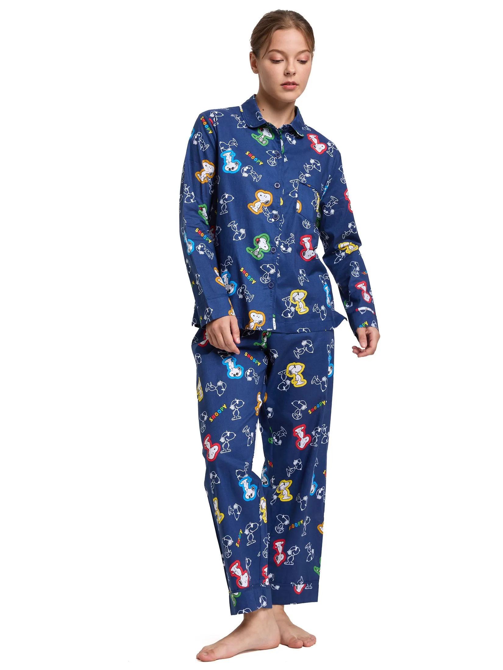 SWEET SENSATIONS Women Pyjamas Set Long Sleeves Shirt + Long Pants Snoopy Print Dark Blue