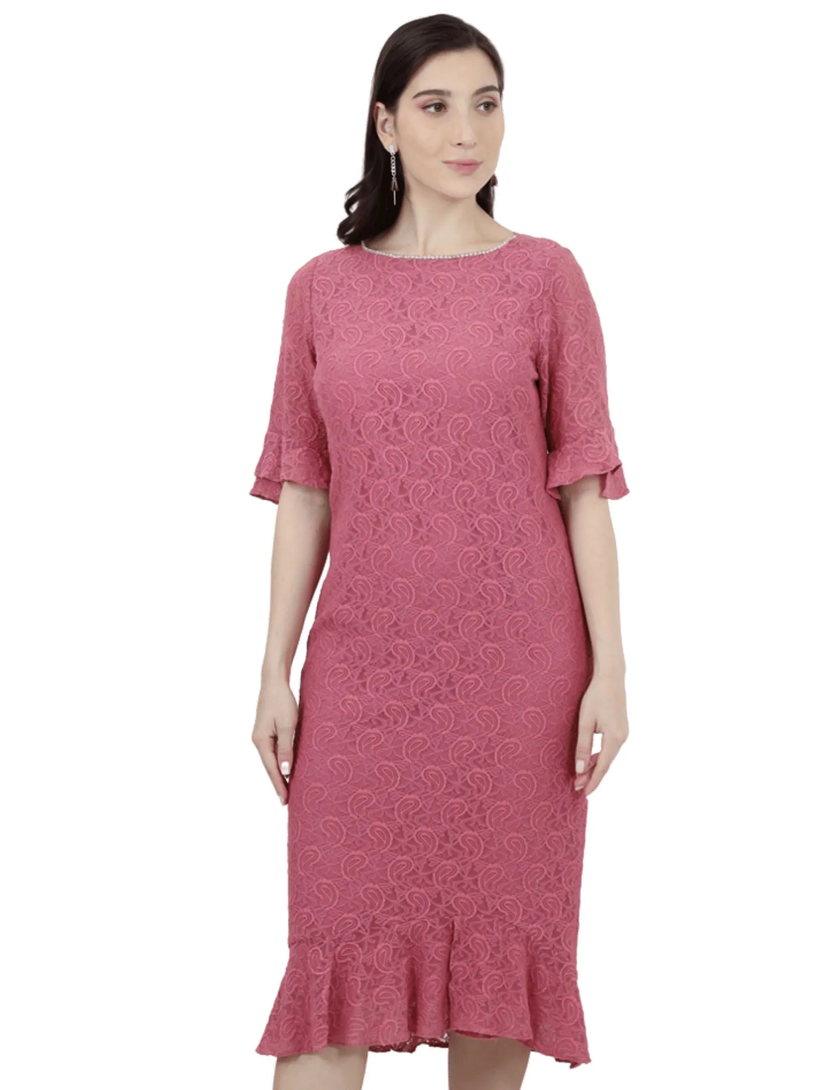 VERONIQA Women Dress Short Sleeves Fancy Lace Pink Size - L
