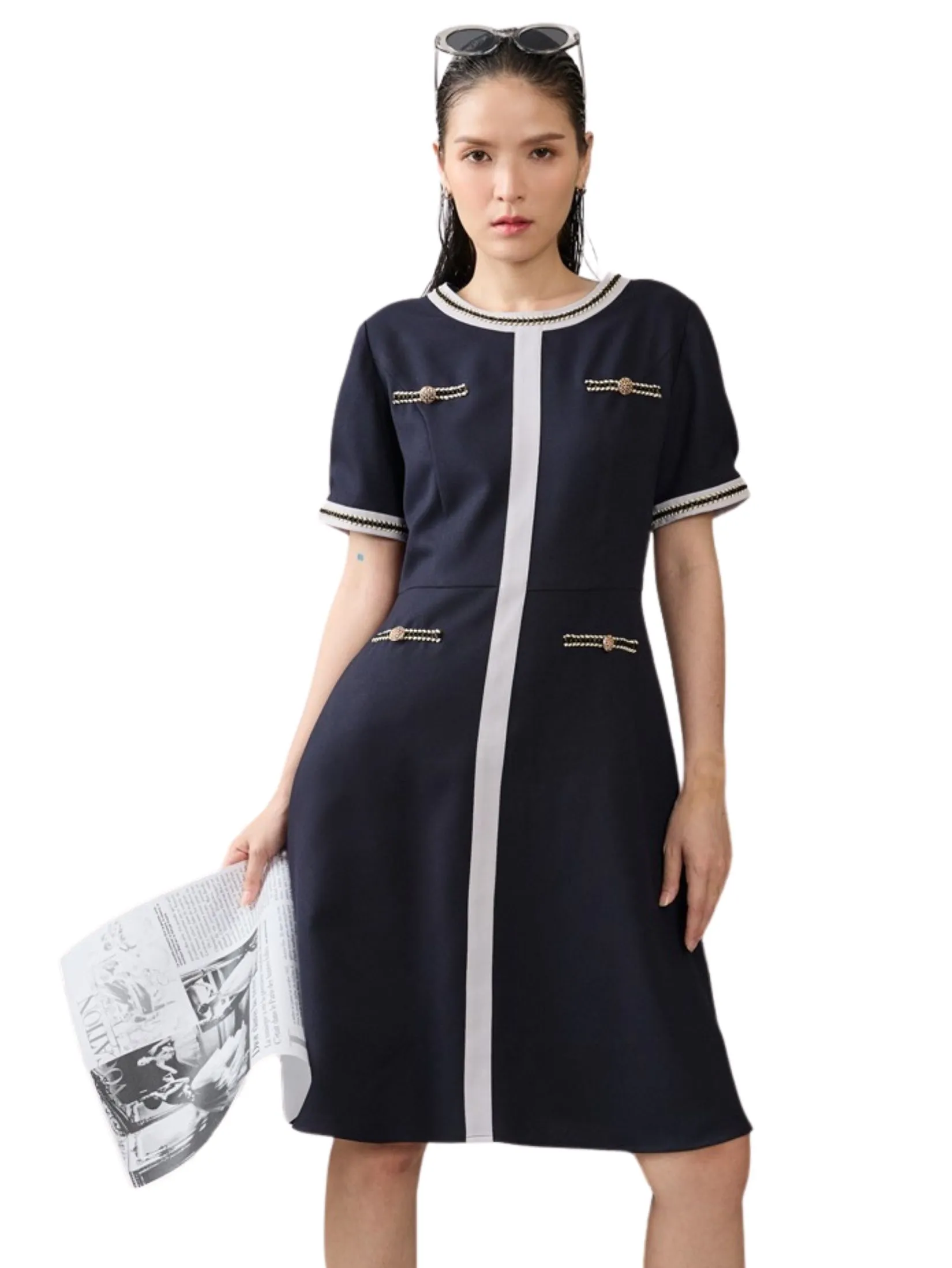 AMILA Women Dress Short Sleeves Moss Crepe Navy Blue Size - M