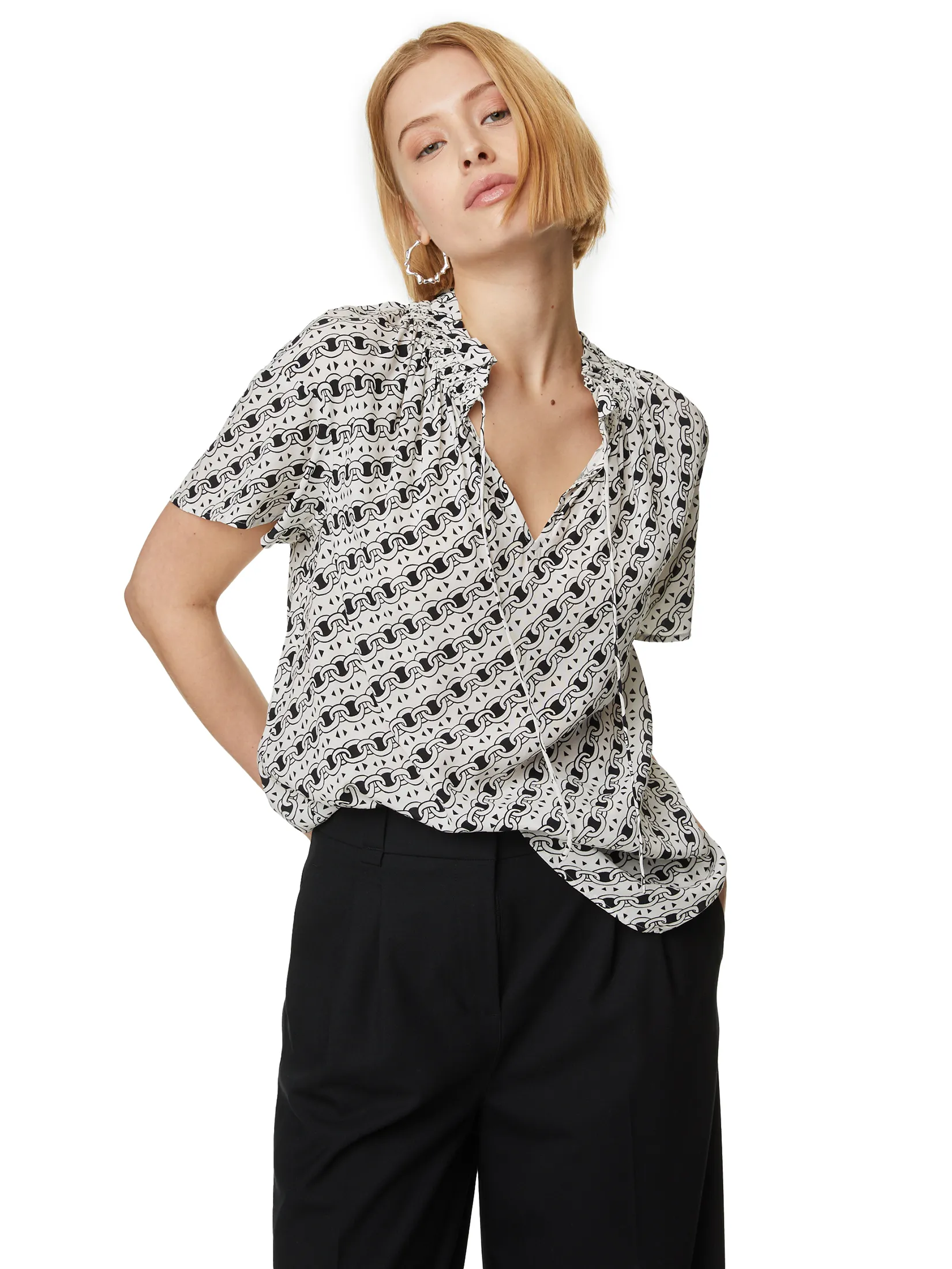 MARKS & SPENCER Women Blouse Tie Neck Printed Gathered Ivory Mix