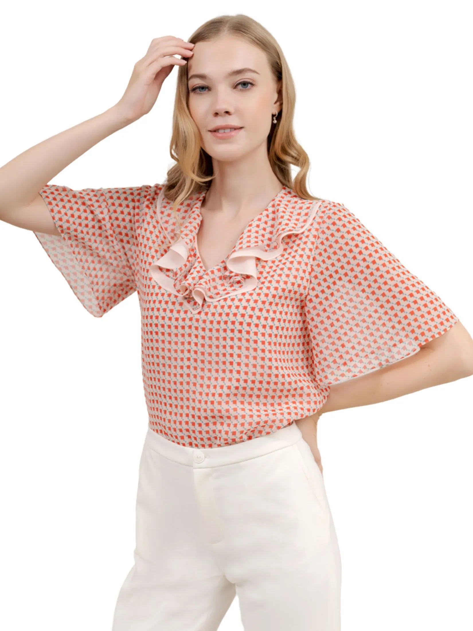 VERONIQA Women Blouse Short Sleeves Chiffon Print Rose Red
