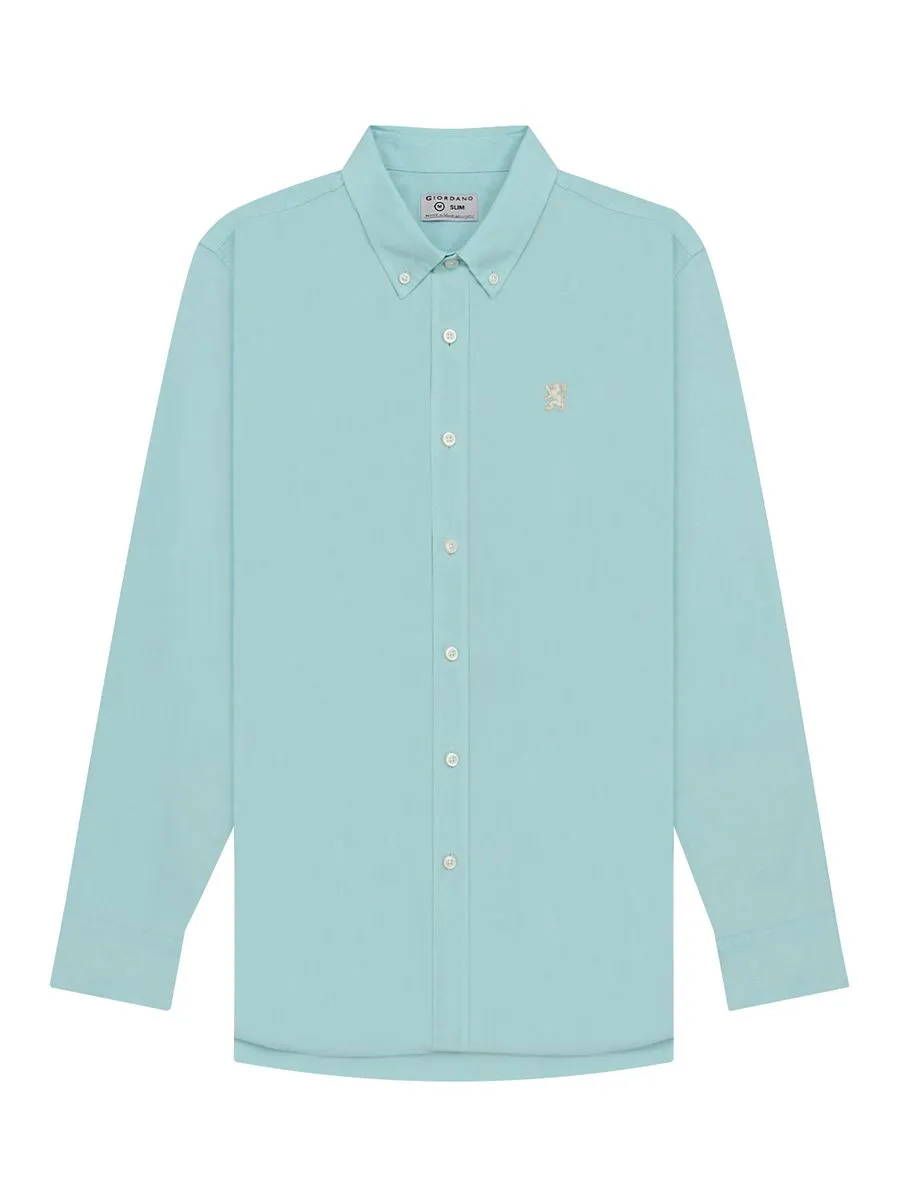 GIORDANO Men's Long Sleeve Embroidery Oxford Shirt Teal Green