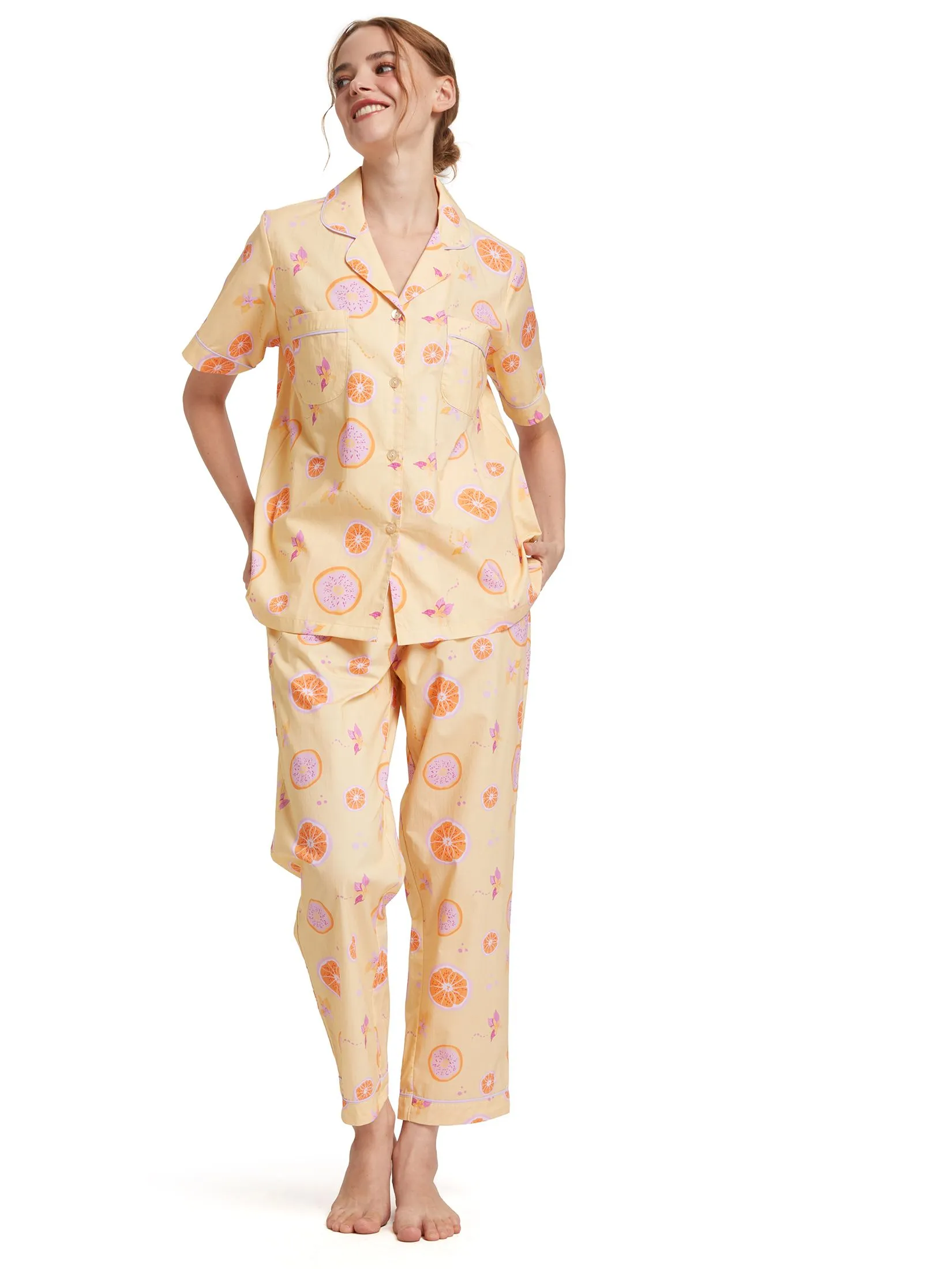 FOF Women Pyjamas Shirt Short Sleeves Collar Neck + Pants Lemon Print Yellow