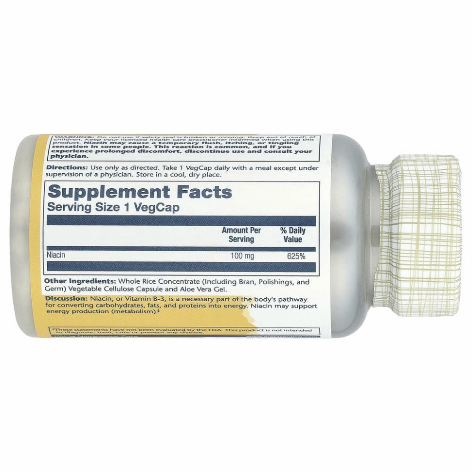 Solaray, Ниацин, 100 мг, 100 растительных капсул