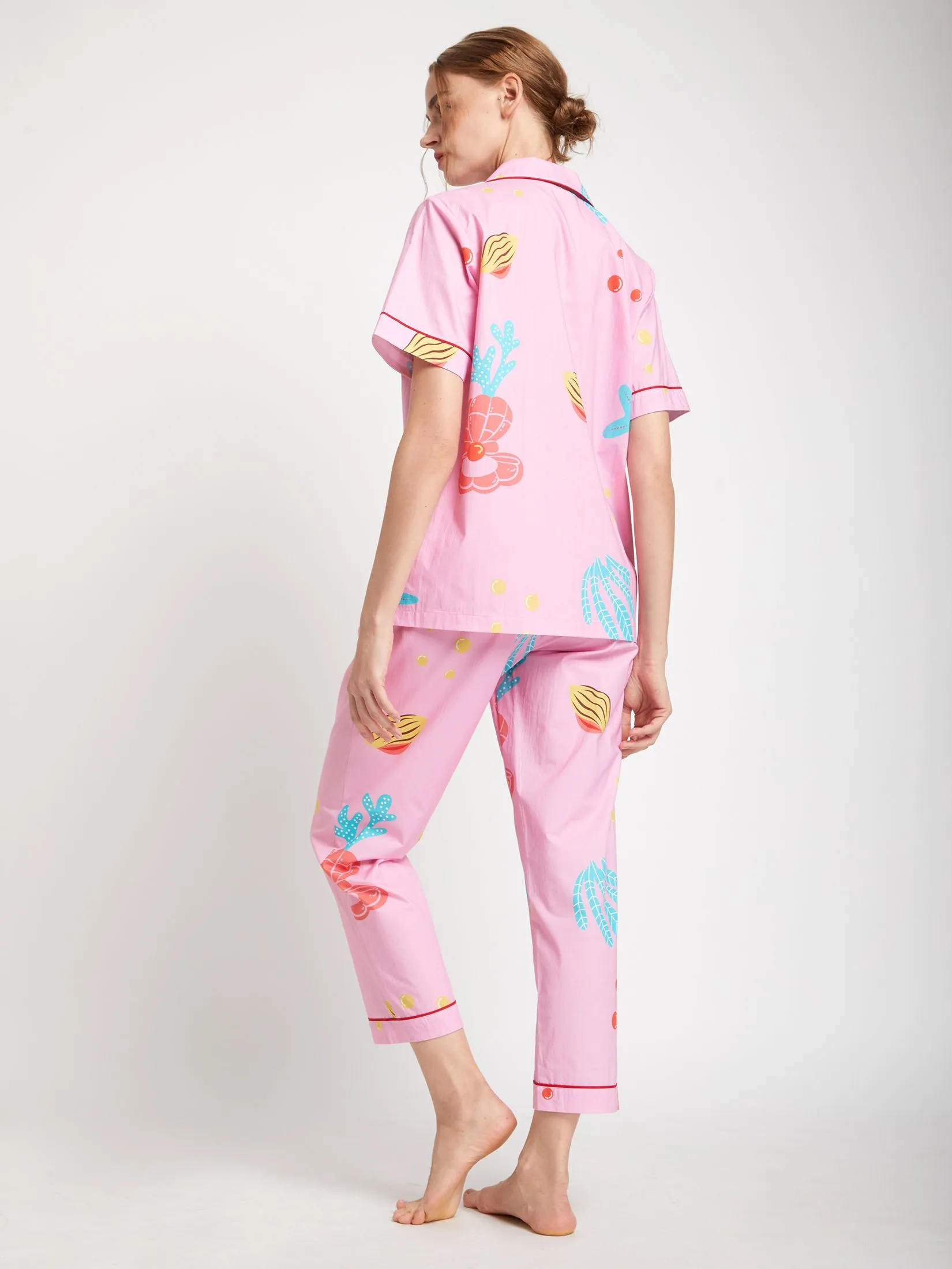 FOF Women Pyjamas Shirt Short Sleeves Crew Neck + Pants Sea Print Pink