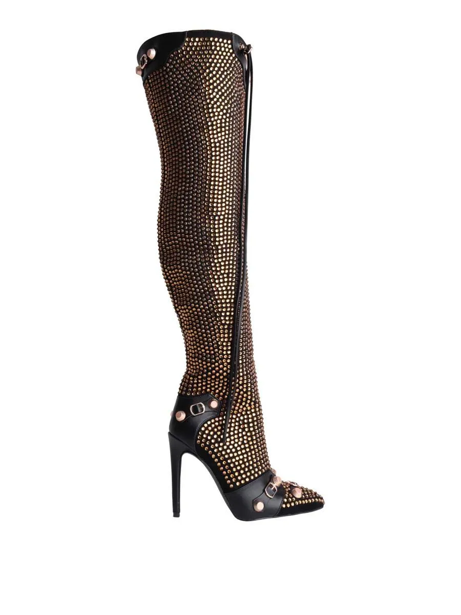 VILLAINS SF GO GO Knee High Boot BLACK GOLD JEWELS