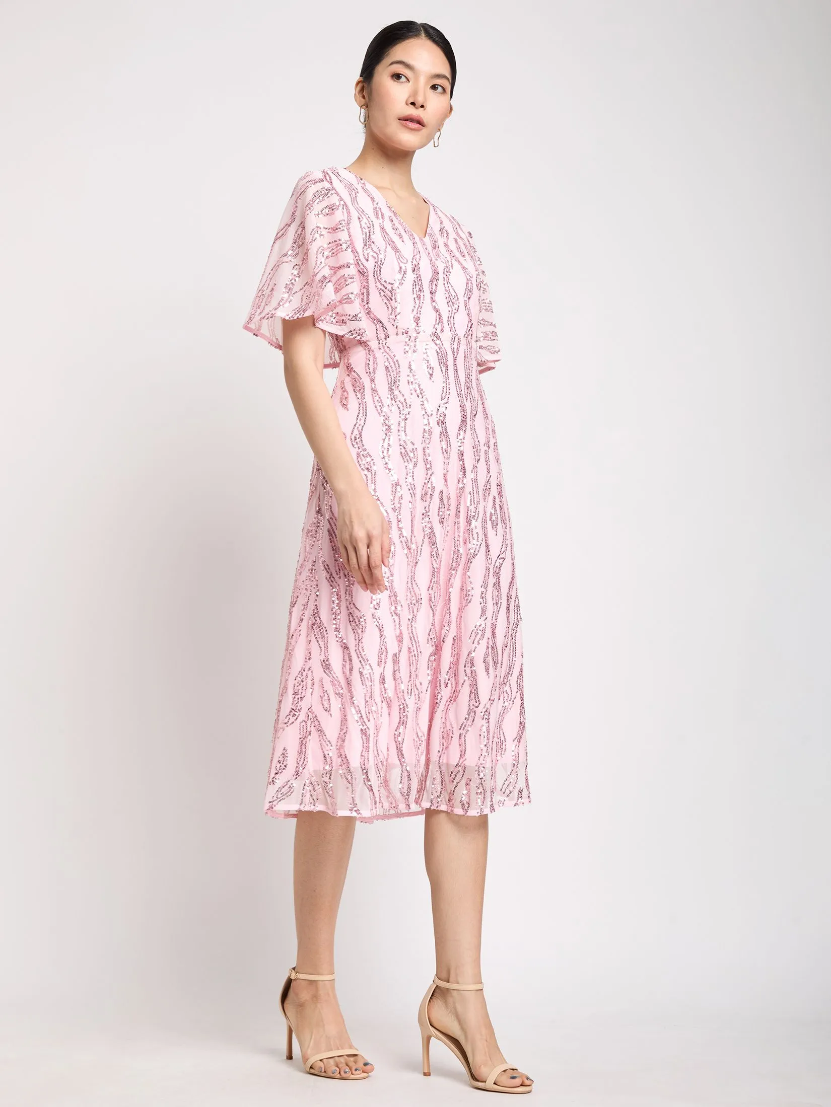 EXPRESSIONS EVENING Women Dress Cape Sleeve Sequin Midi