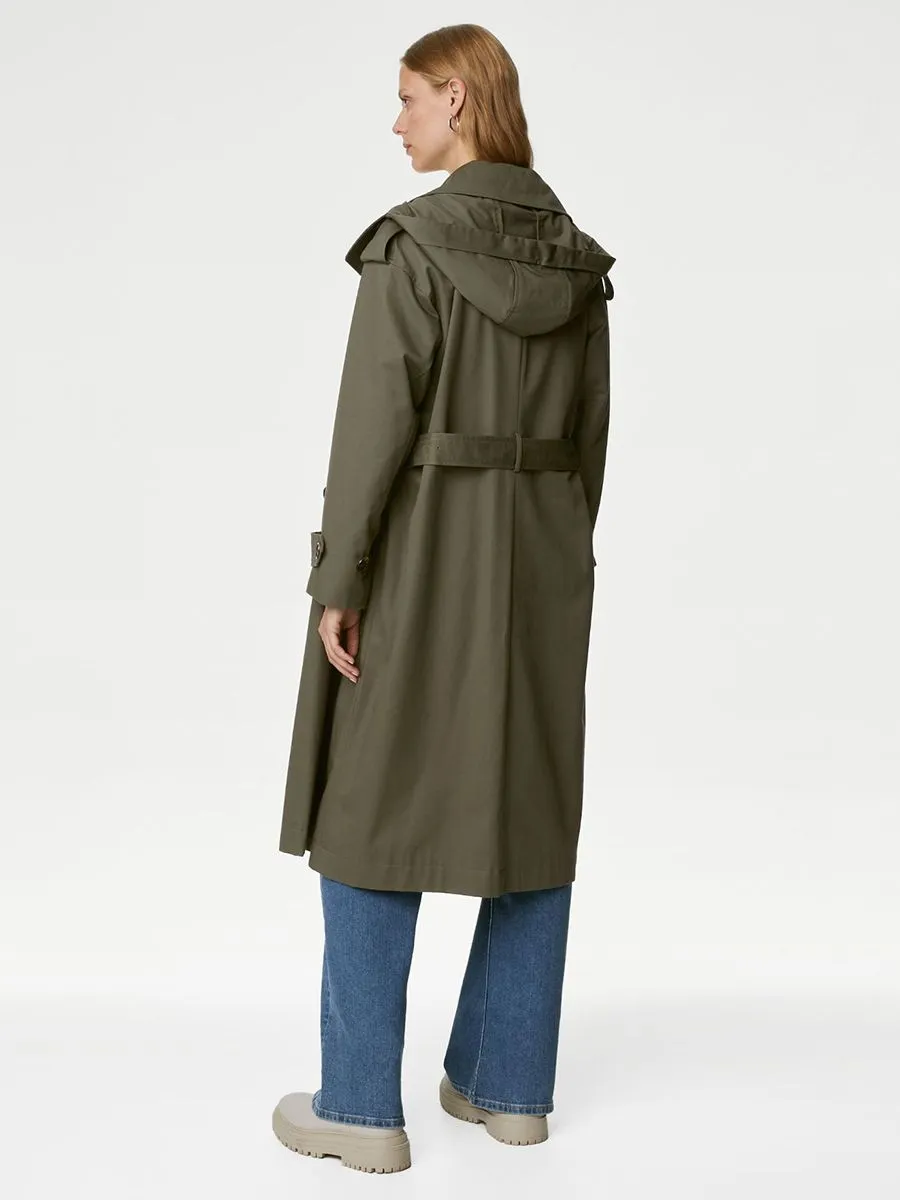 MARKS & SPENCER Women Coat Pure Cotton Stormwear Longline Trench Hunter Green