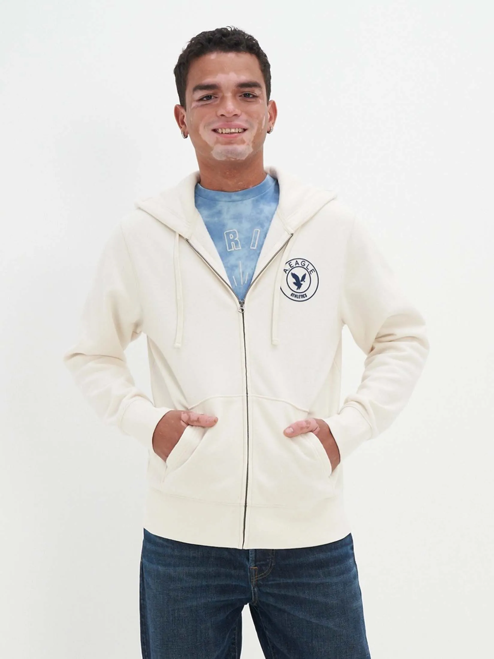 AMERICAN EAGLE MEN 1905 INTL GRAPHIC FZ HOODIE 106 CREAM