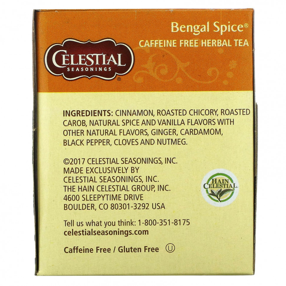 Celestial Seasonings, Травяной чай Bengal Spice, без кофеина, 20 чайных пакетиков, 47 г (1,7 унции)