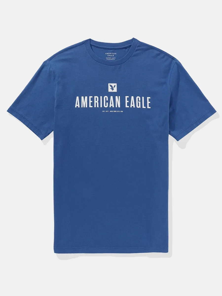 AMERICAN EAGLE MEN G SS CORE BRAND SET IN TEE- PC DYE + SERIOUSLY SOFT WASH 423 BRILLIANT BLUE