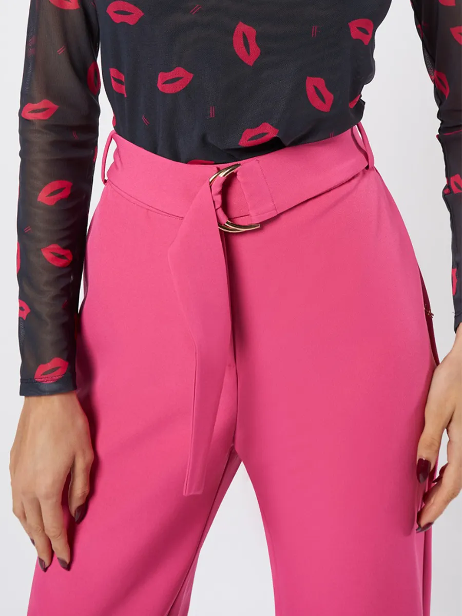 F-FASHION Wide Leg Trousers with D-Ring Belt Women Dark Pink