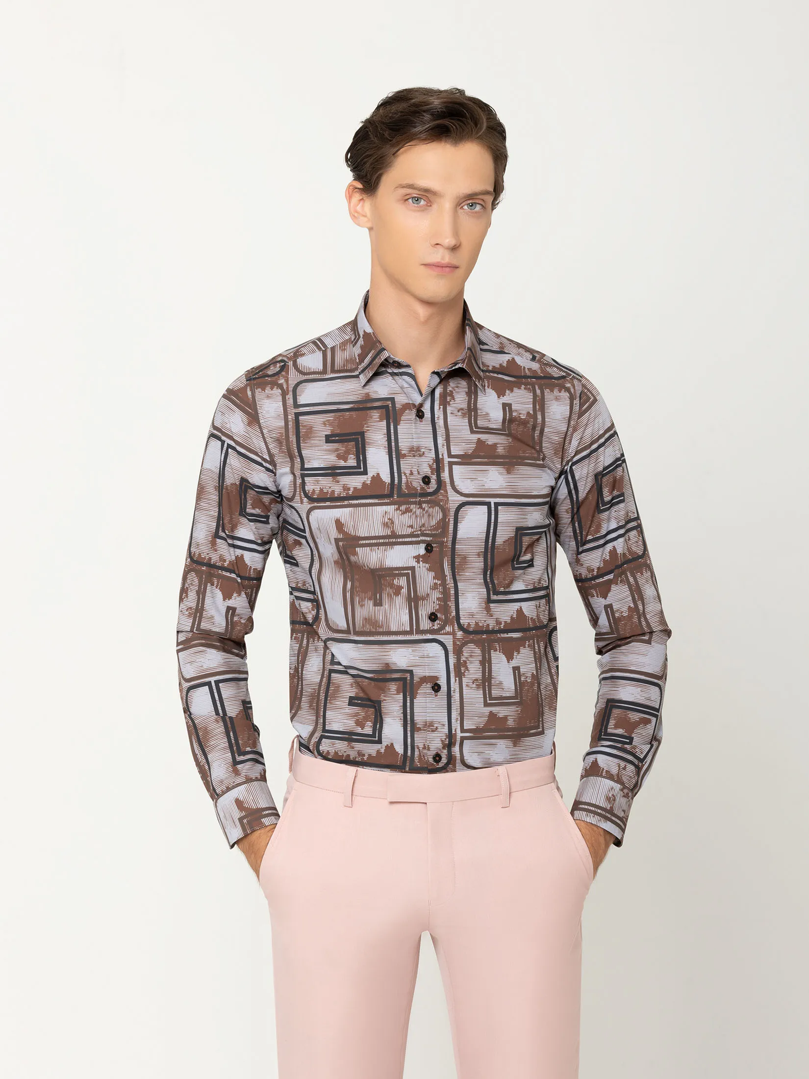 GUY LAROCHE MENWEAR Men's Shirt Long-Sleeve Brown Shirt, 100% Polyester, Slim Fit, Model BAB7200W5BR