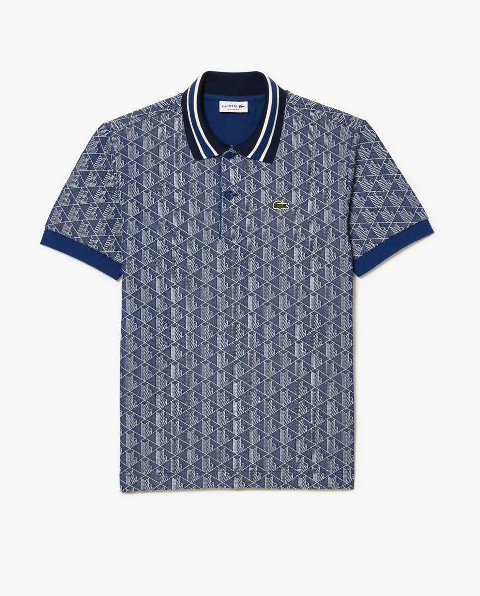 LACOSTE Navy Blue Classic Fit Contrast Collar Monogram Motif Polo Shirt