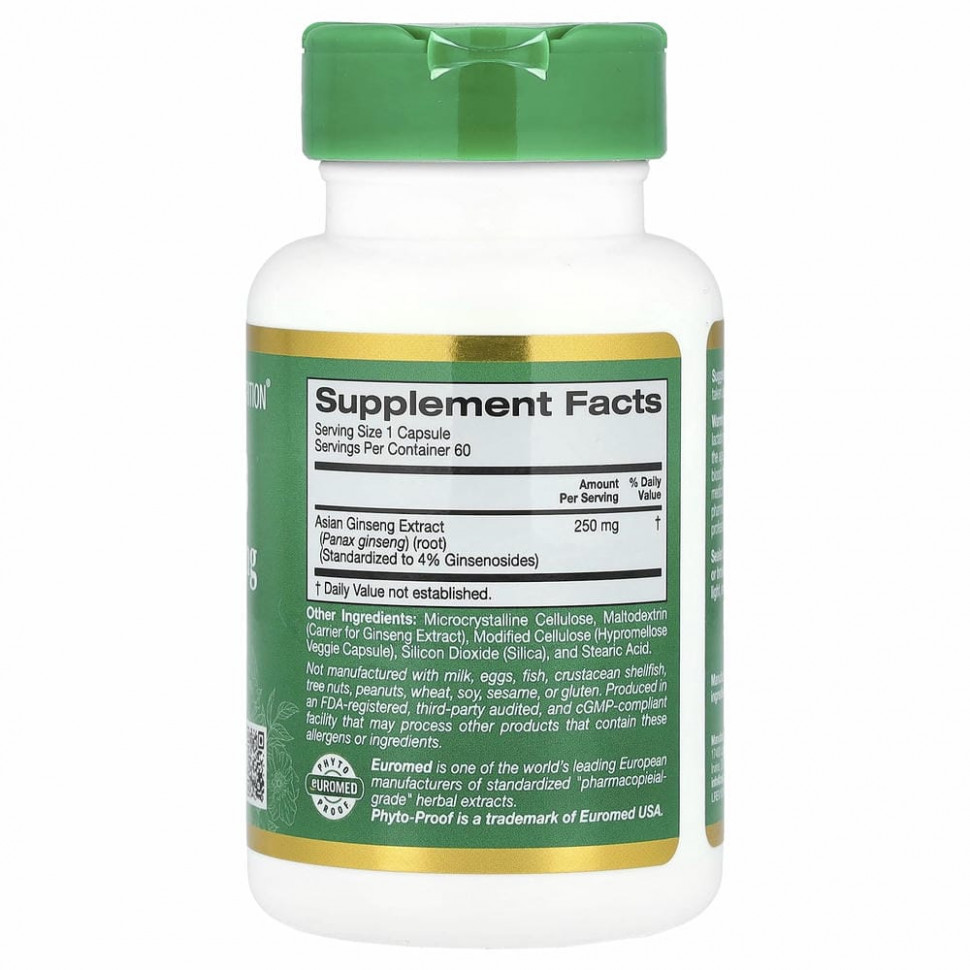 California Gold Nutrition, EuroHerbs, экстракт женьшеня азиатского, 250 мг, 60 растительных капсул