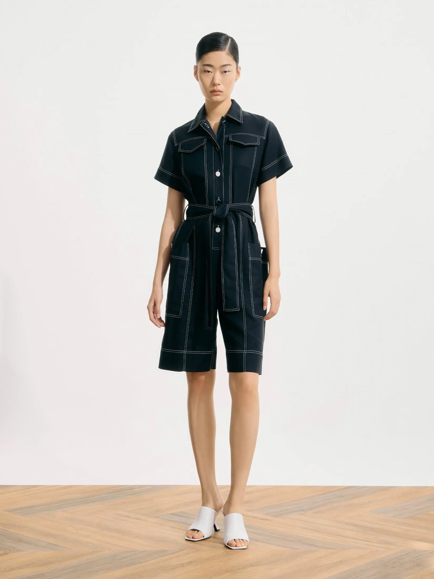 ASAVA ( SS25) Zena Women Short Sleeve Playsuit Navy Blue