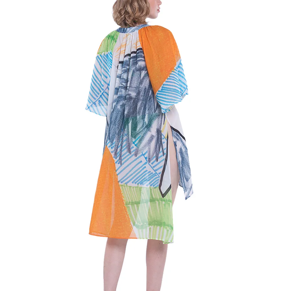 ANGELYS BALEK MULTICOLOR DEEP-V HIGH LOW DRESS WOMEN SHORT KAFTAN