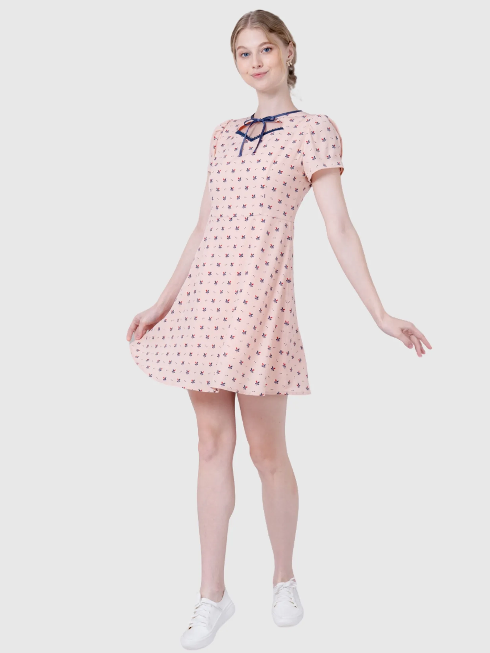 AMILA Women Dress Short Sleeves Peach Skin Rose Red