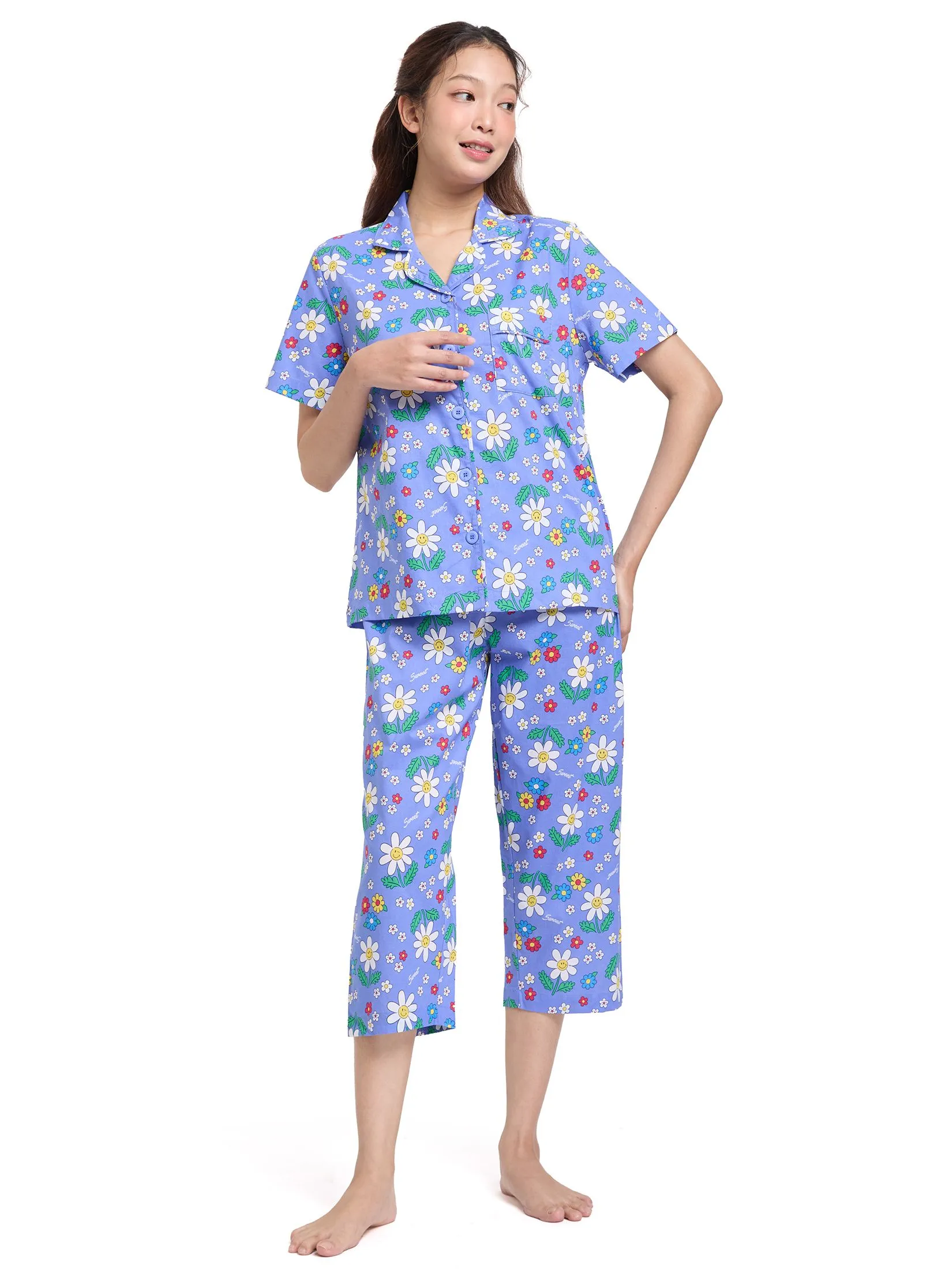 SWEET SENSATIONS Women Pyjamas Hawaii Shirt Short Sleeves + Cropped Pants Print Navy