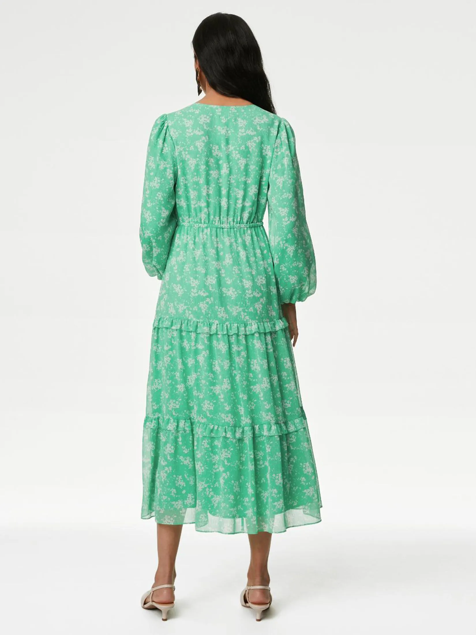 MARKS & SPENCER Women Maxi Tiered Dress Floral Tie Neck Green Mix