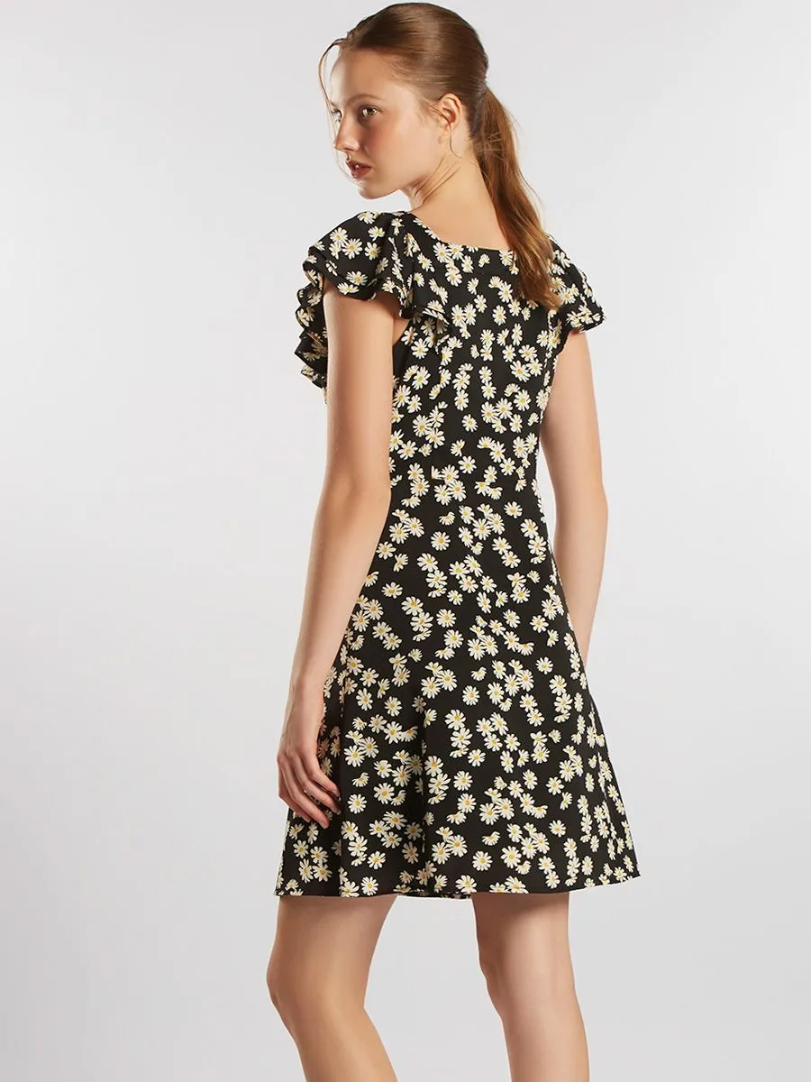 ESP Floral Print  Dress with Ruffle Detail Women Black