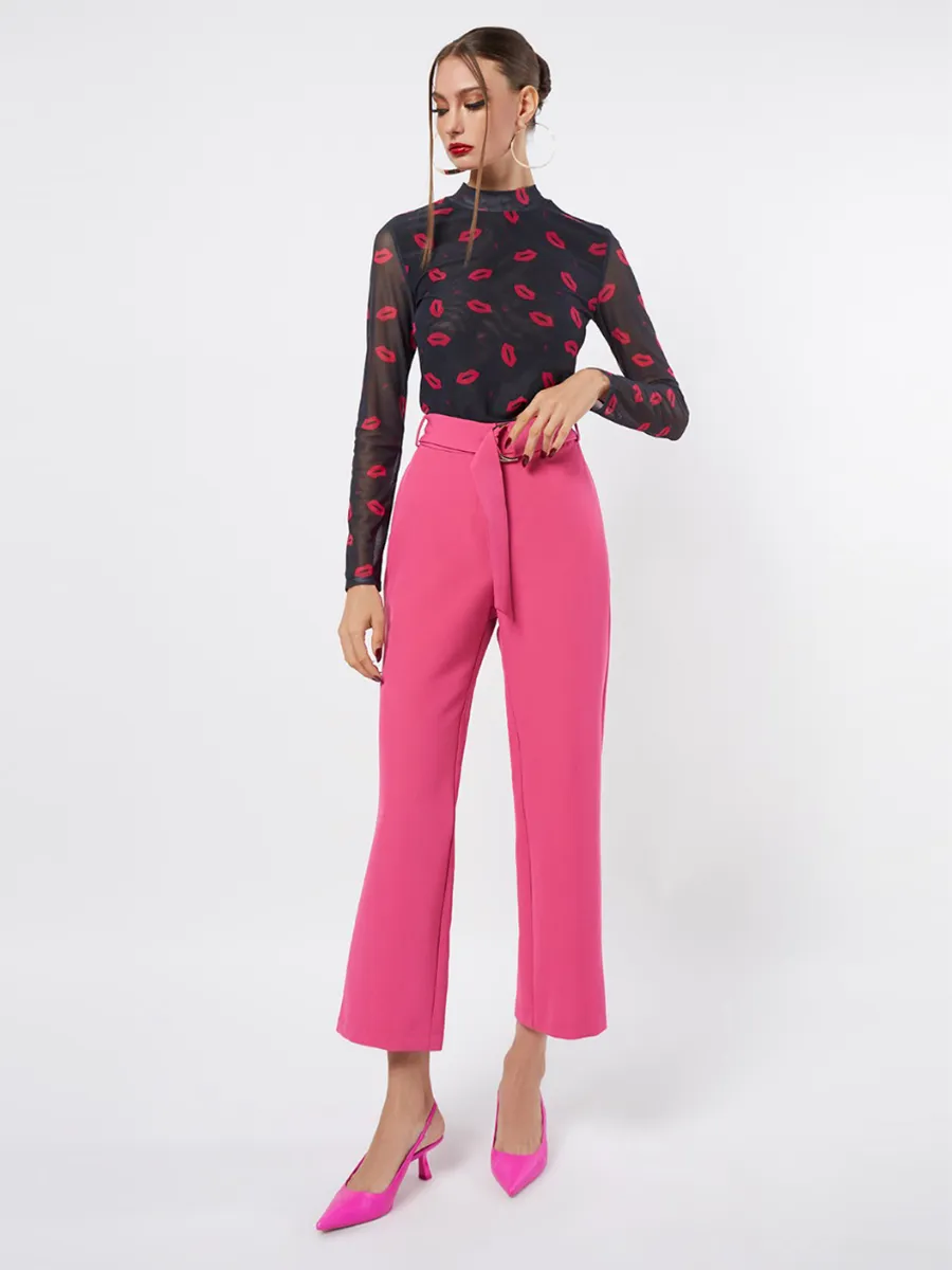 F-FASHION Wide Leg Trousers with D-Ring Belt Women Dark Pink
