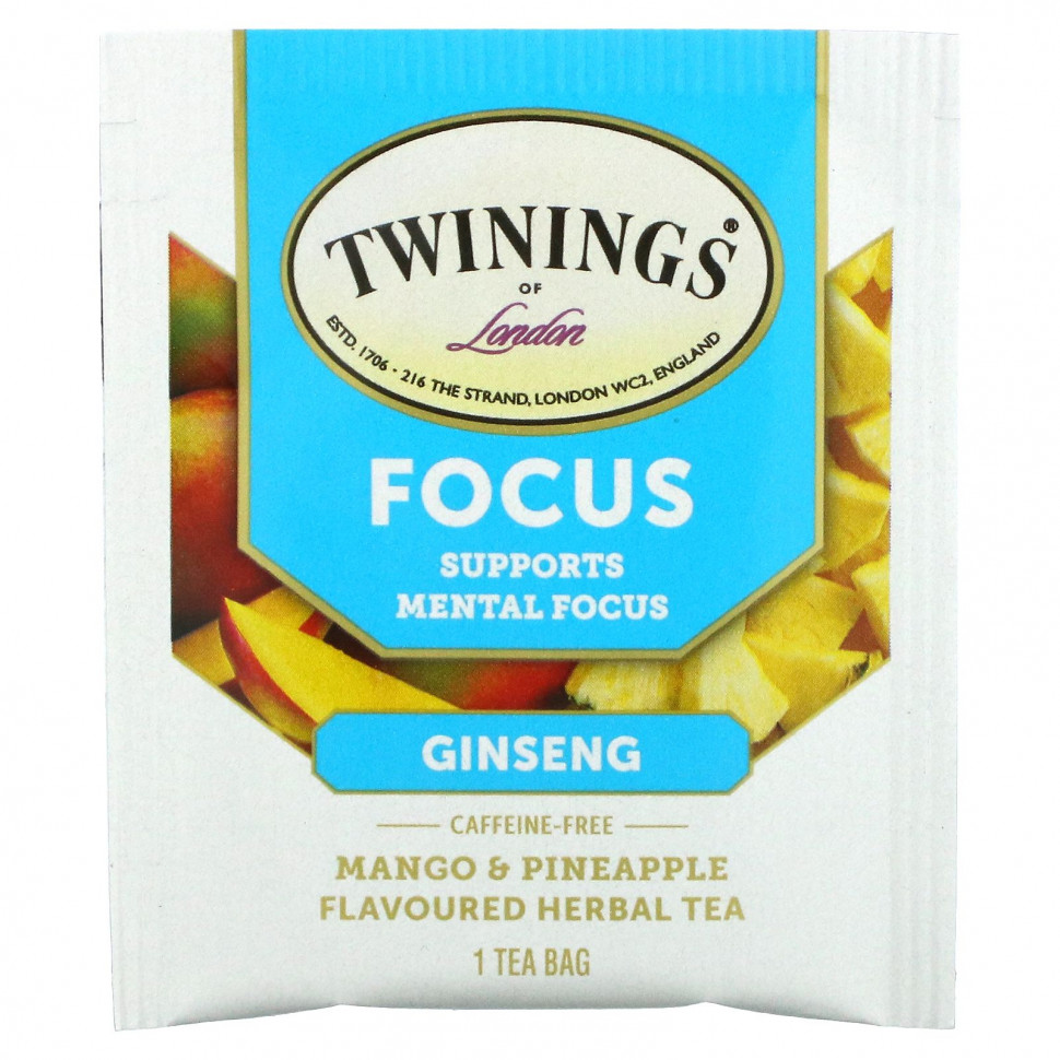 Twinings, Focus Herbal Tea, травяной чай с женьшенем, манго и ананасом, без кофеина, 18 чайных пакетиков, 27 г (0,95 унции)