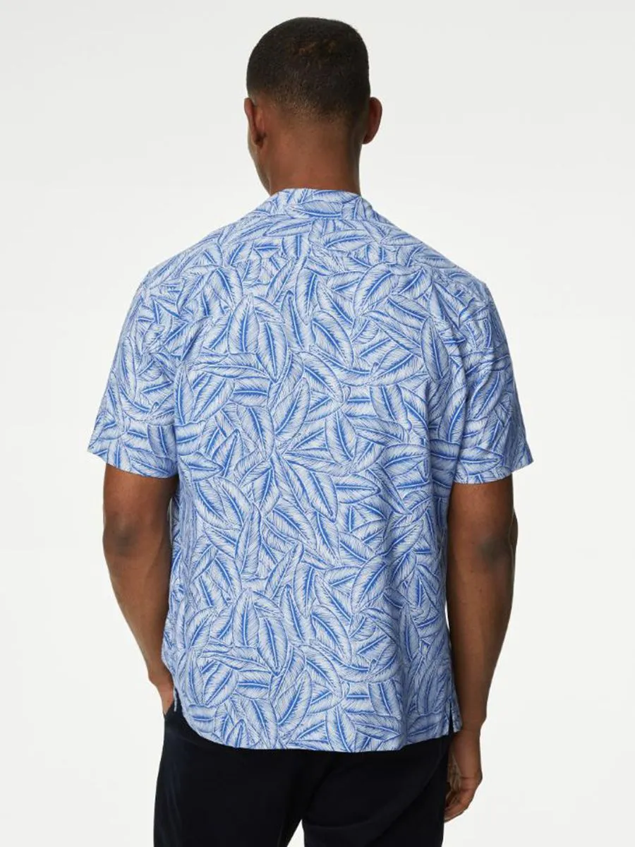 MARKS & SPENCER Men Shirt Short Sleeves Easy Iron Linen Blend Hawaiian Printed Blue Mix