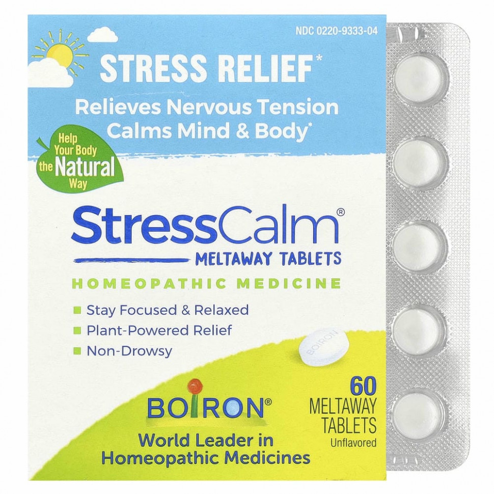 Boiron, Stress Calm Meltaway, таблетки для снятия стресса, без добавок, 60 таблеток Meltaway