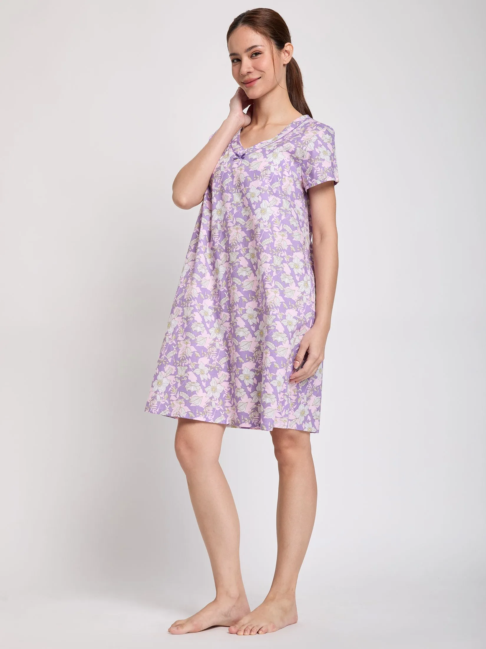 CLAUDIA'S ROMANCE Women Pyjamas Dress Short Sleeves V-Neck Print Violet