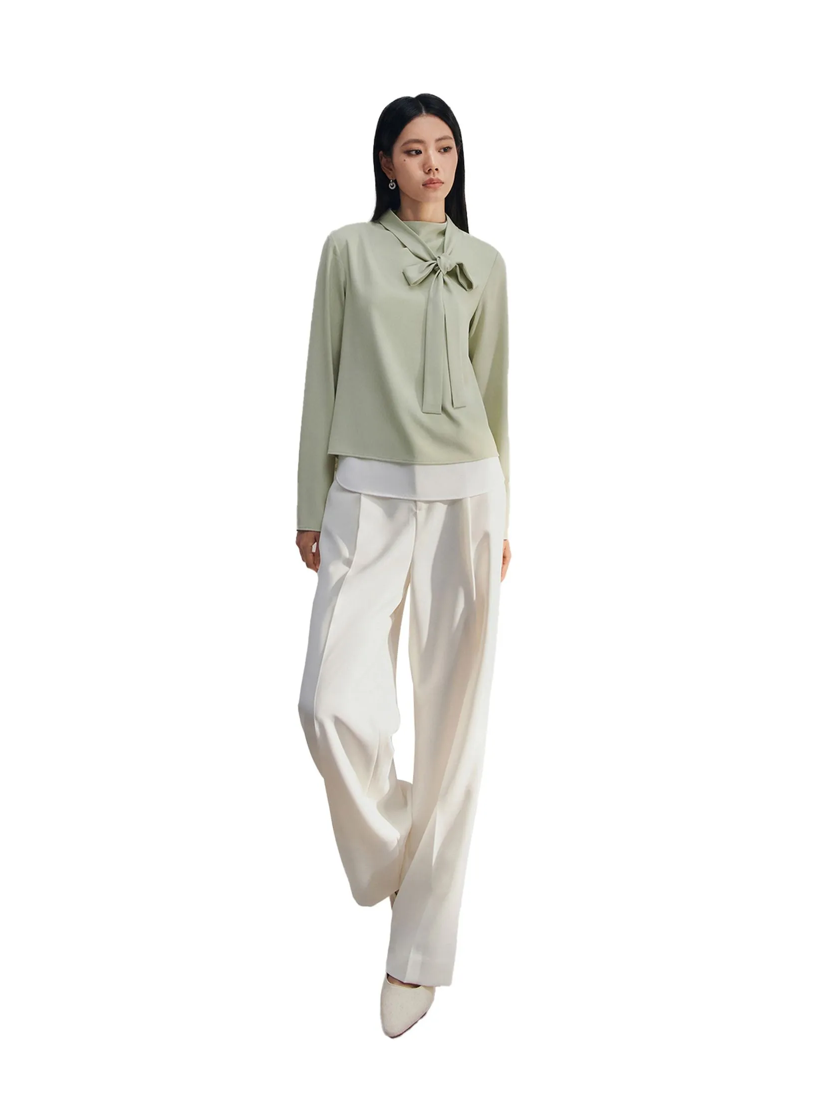 G2000 Women Clothing Crepe Colour Block Stand Long Sleeve Collar Blouse Regular Fit - Green