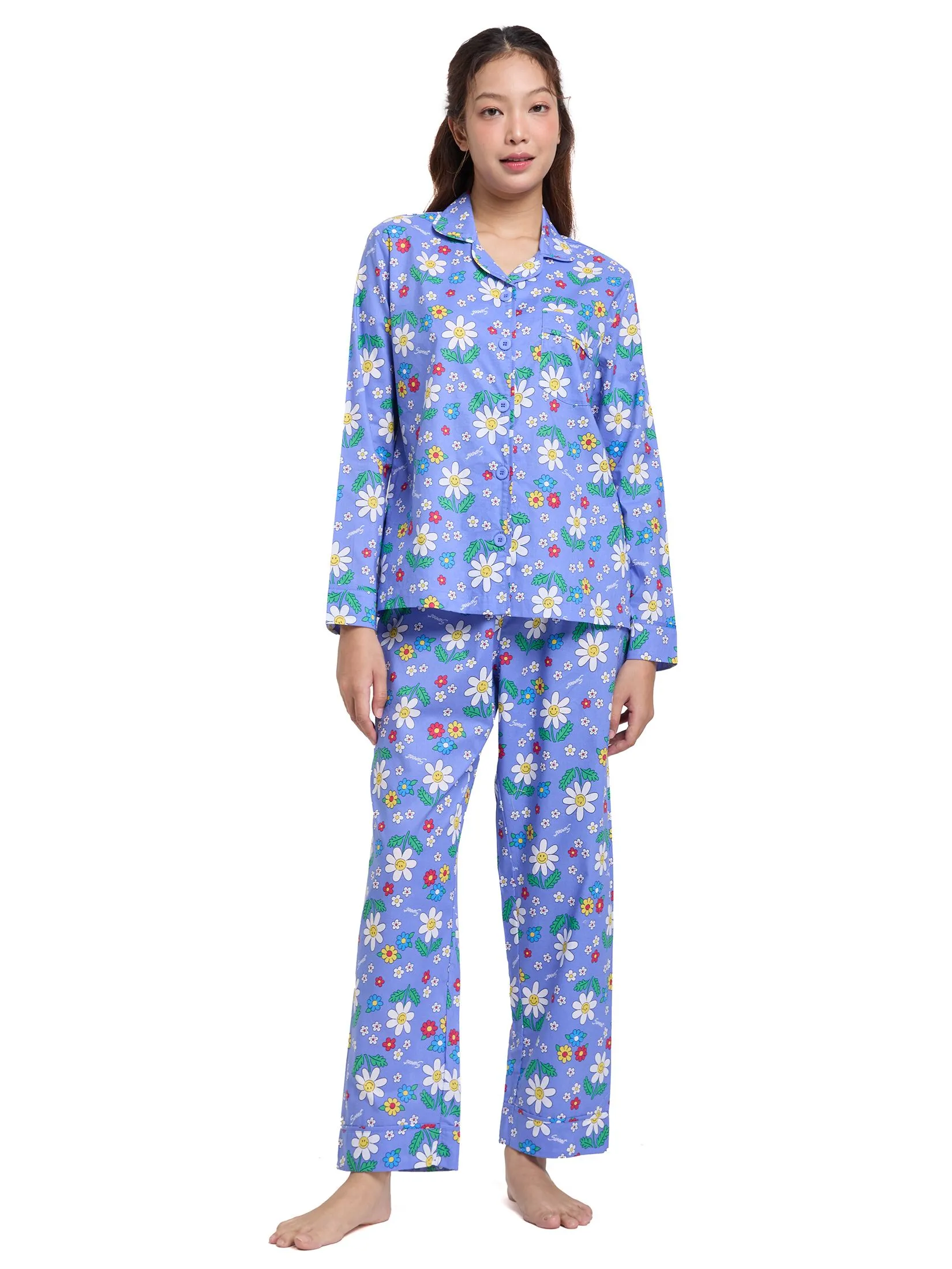 SWEET SENSATIONS Women Pyjamas Hawaii Shirt Long Sleeves + Pants Print Navy