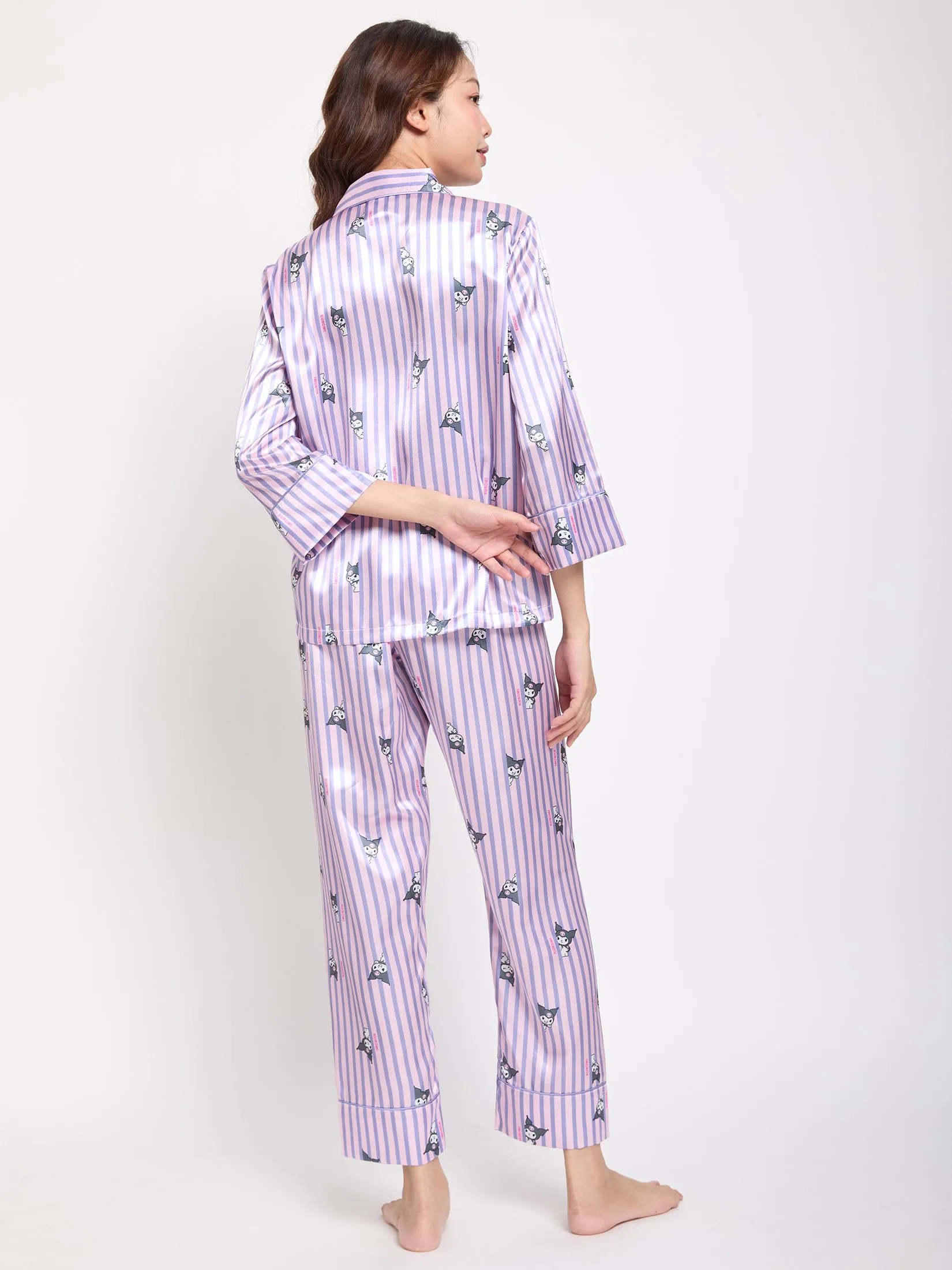 SANRIO Women Pyjamas Shirt Long Sleeves + Pants Satin Kuromi Purple