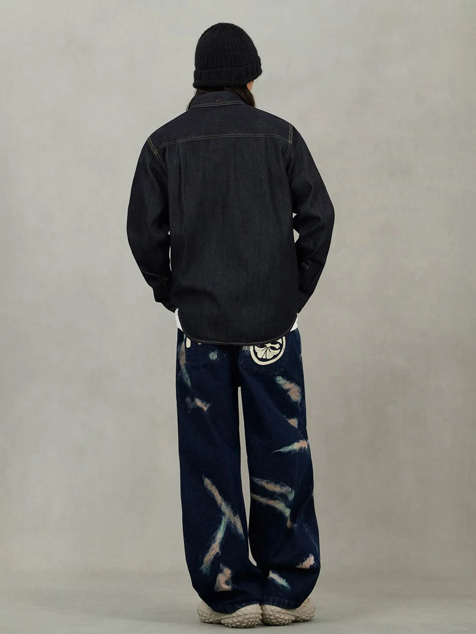 EVISU Men Shirt Long-Sleeve Denim Seagull Embroidery Regular Fit Navy