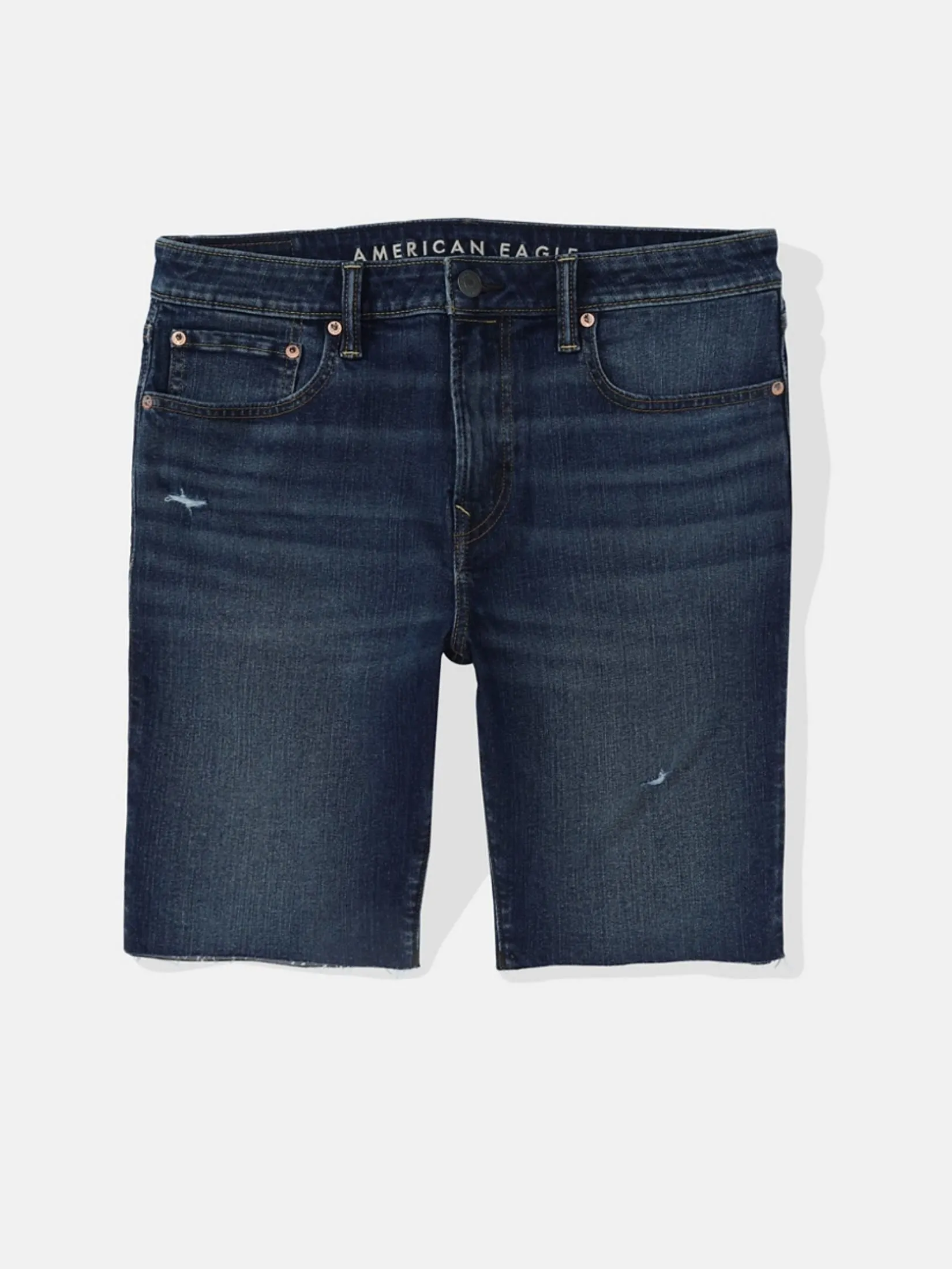 AMERICAN EAGLE MEN INTL EXCLUSIVE VPP DARK W/ BULLETHOLES DENIM CUTOFF SHORT - CUT & CUFF 896 DARK WASH