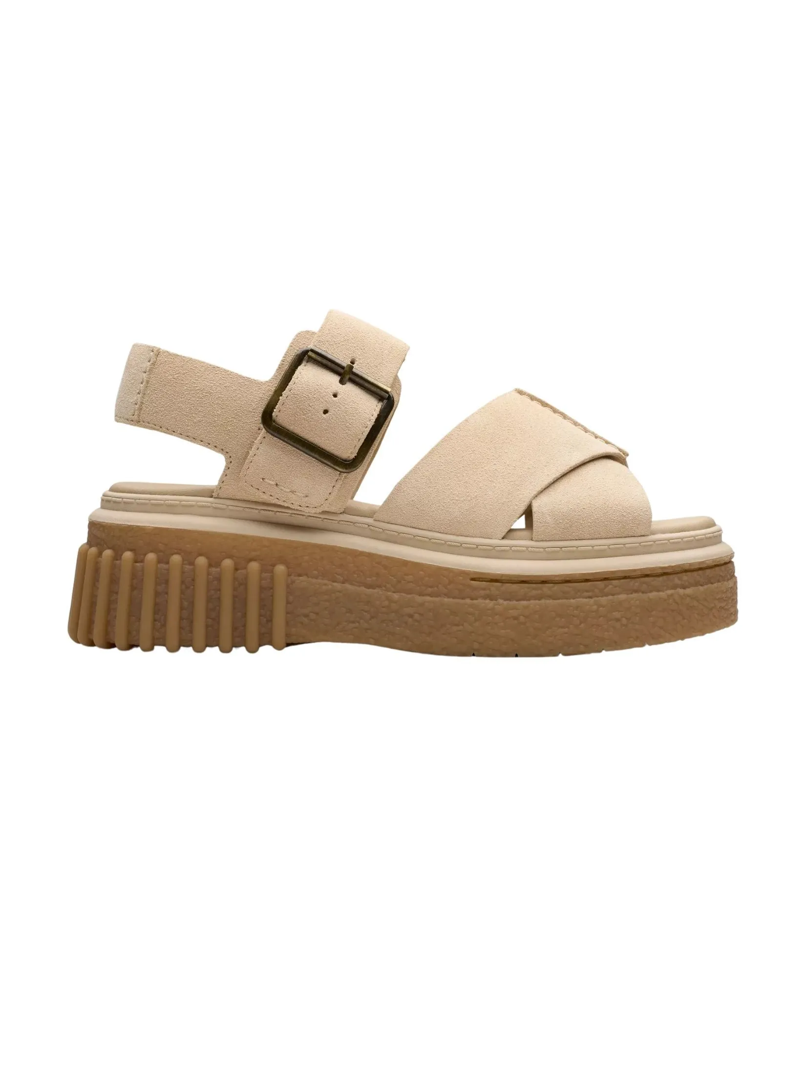 CLARKS Evamar Wish Ecru Suede Women’s Ankle-Strap Sandals