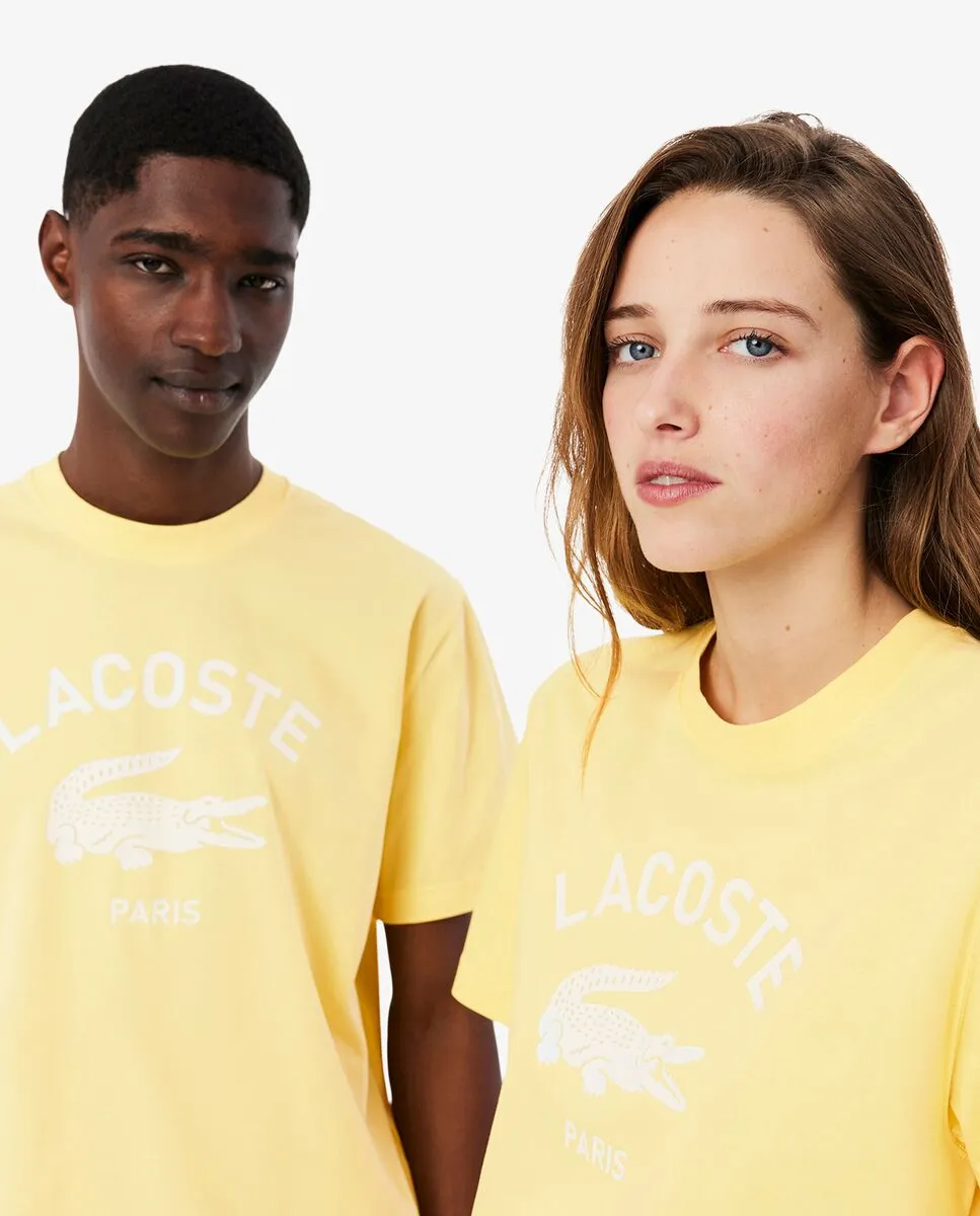 LACOSTE Signature Print Cotton T-Shirt Yellow