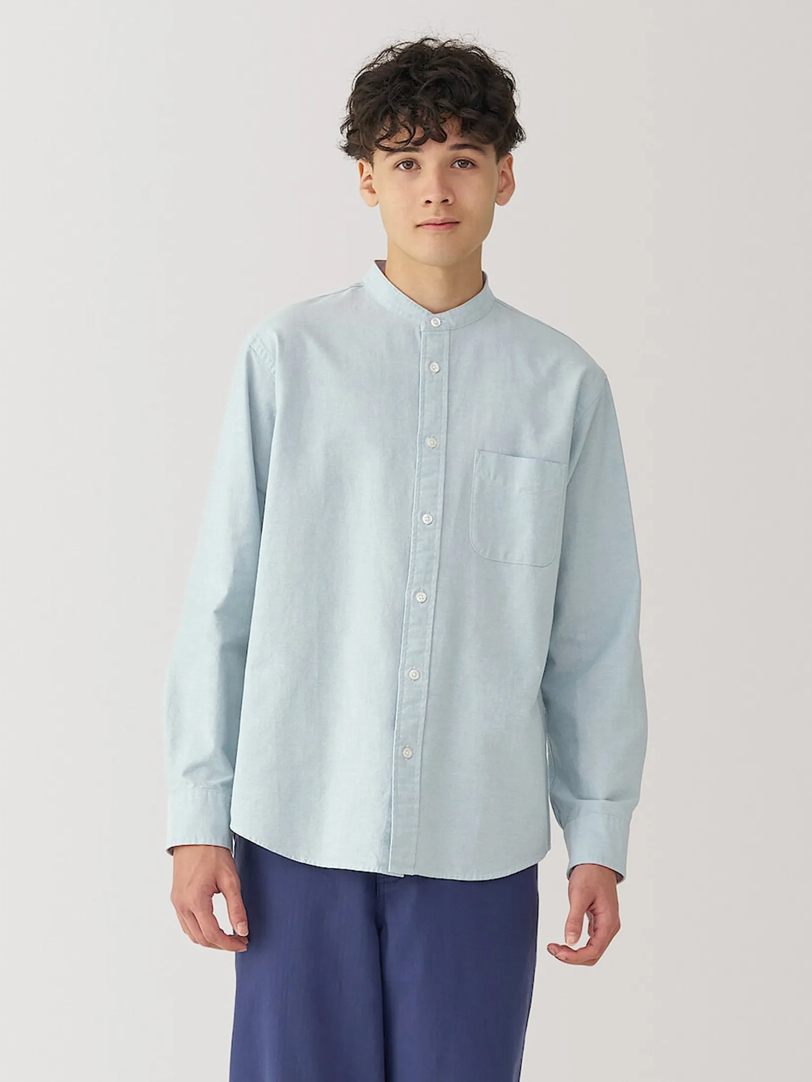 MUJI Men Shirt Long Sleeves Stand Collar Oxford