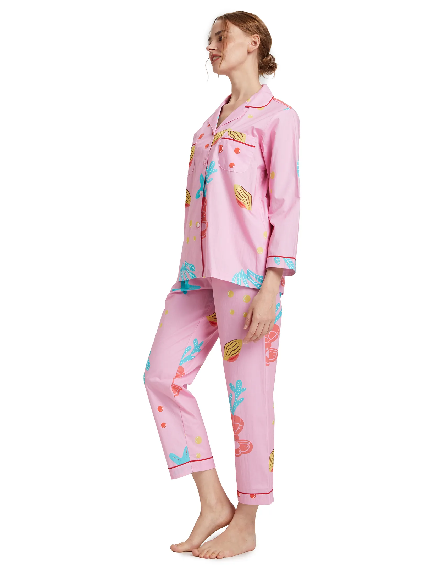 FOF Women Pyjamas Shirt Long Sleeves Crew Neck + Pants Sea Print Pink