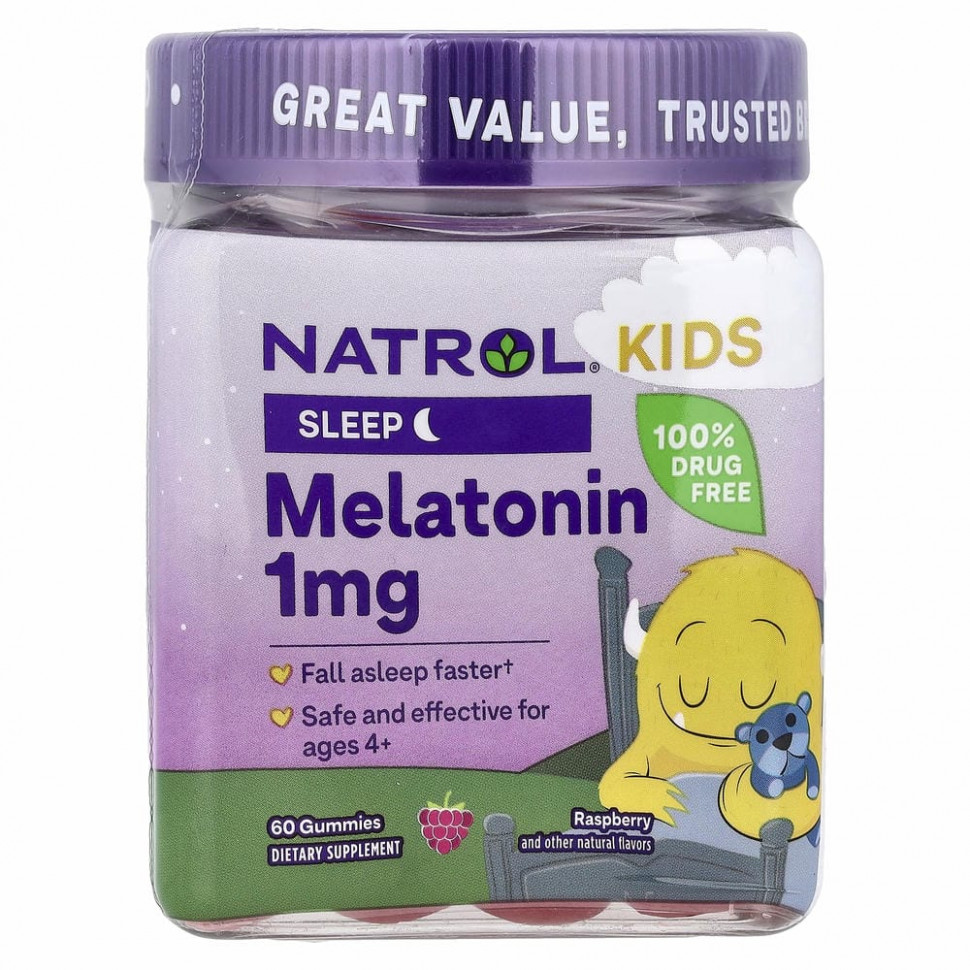 Natrol, Kids, мелатонин, для детей от 4 лет, ягодный вкус, 60 жевательных конфет