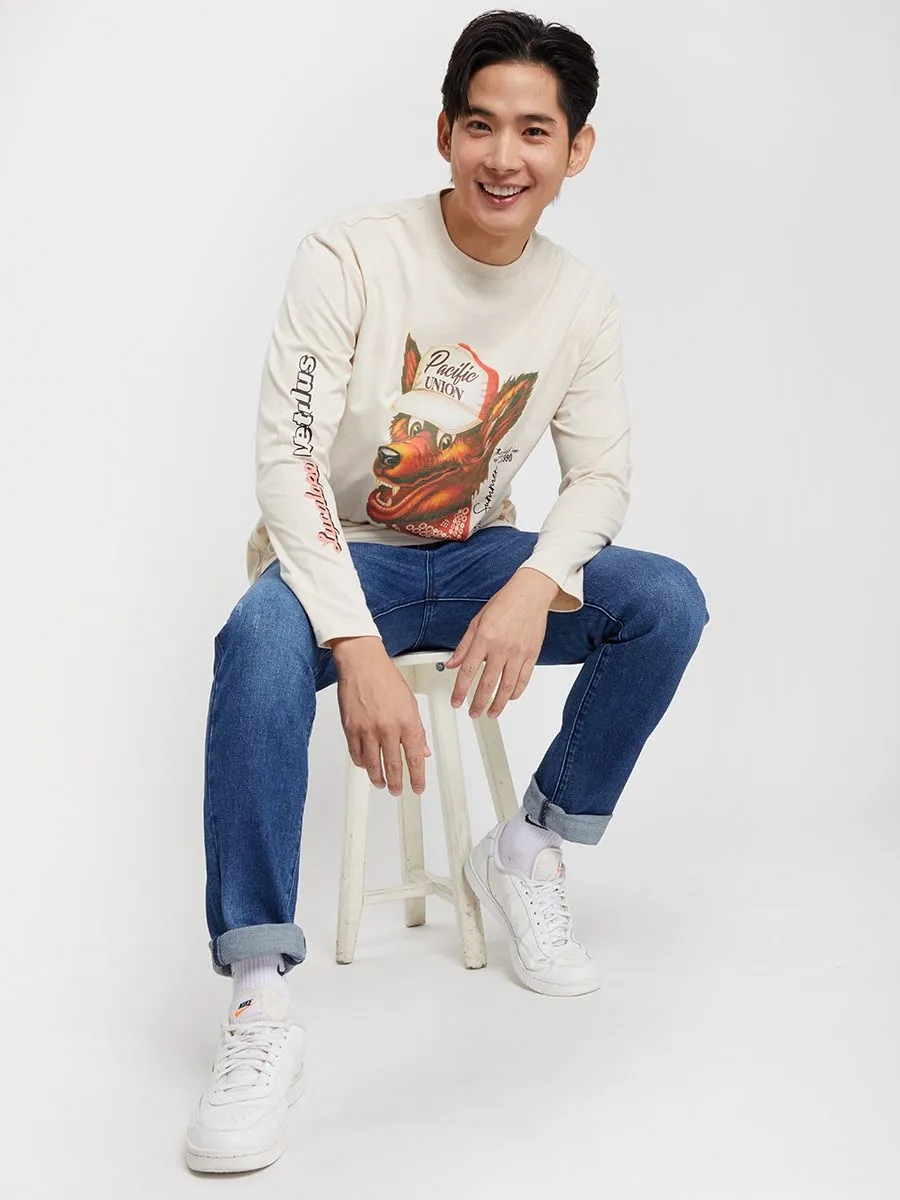 PACIFIC UNION Man T-Shirt Lycalopex Vetulus Graphic Long-Sleeve Beige